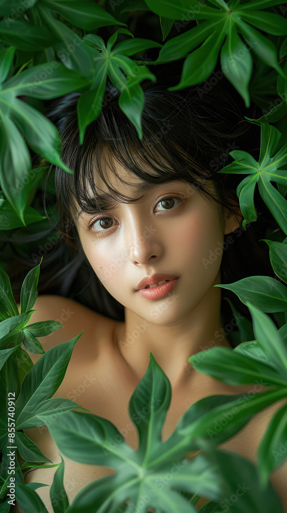 Ethereal Portrait of a Young Woman Amidst Lush Green Foliage Showcasing Natural Beauty and Tranquility in Harmony with Nature Ethereal Portrait of a Young Woman Amidst Lush Green Foliage Showcasing Natural Beauty and Tranquility in Harmony with Nature
