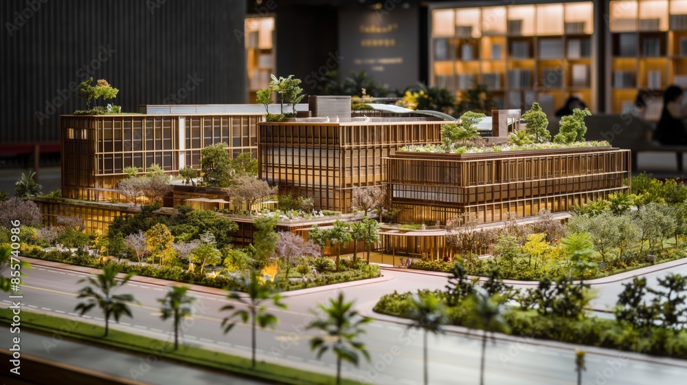 Intricate model of a contemporary eco-friendly campus with landscaped areas and sustainable design elements, set in a professional studio environment. Intricate model of a contemporary eco-friendly campus with landscaped areas and sustainable design elements, set in a professional studio environment.