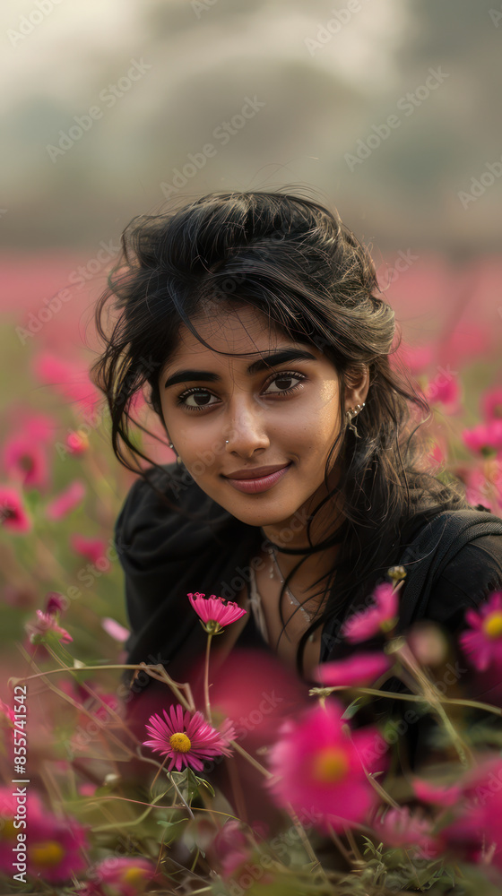 Naklejka premium Serene Beauty Amidst Pink Blossoms A Young Woman Poses in a Field of Vibrant Flowers, Exuding Tranquility and Radiance