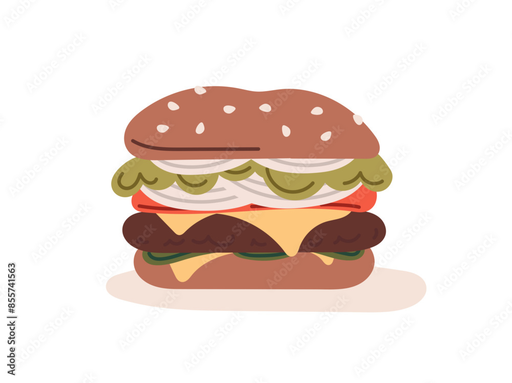 Hamburger, unhealthy junk fast food meat cutlet, hamburger sandwich with double cheese, american snack, beef onion food meal isoalated on white background flat vector illustration.
Hamburger, unhealthy junk fast food meat cutlet, hamburger sandwich with double cheese, american snack, beef onion food meal isoalated on white background flat vector illustration.
