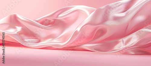 Luxury silk fabric floating in empty studio space. Pastel satin cloth wave on pink background. Beauty, fashion and cosmetic product showcase display. Premium brand mockup template