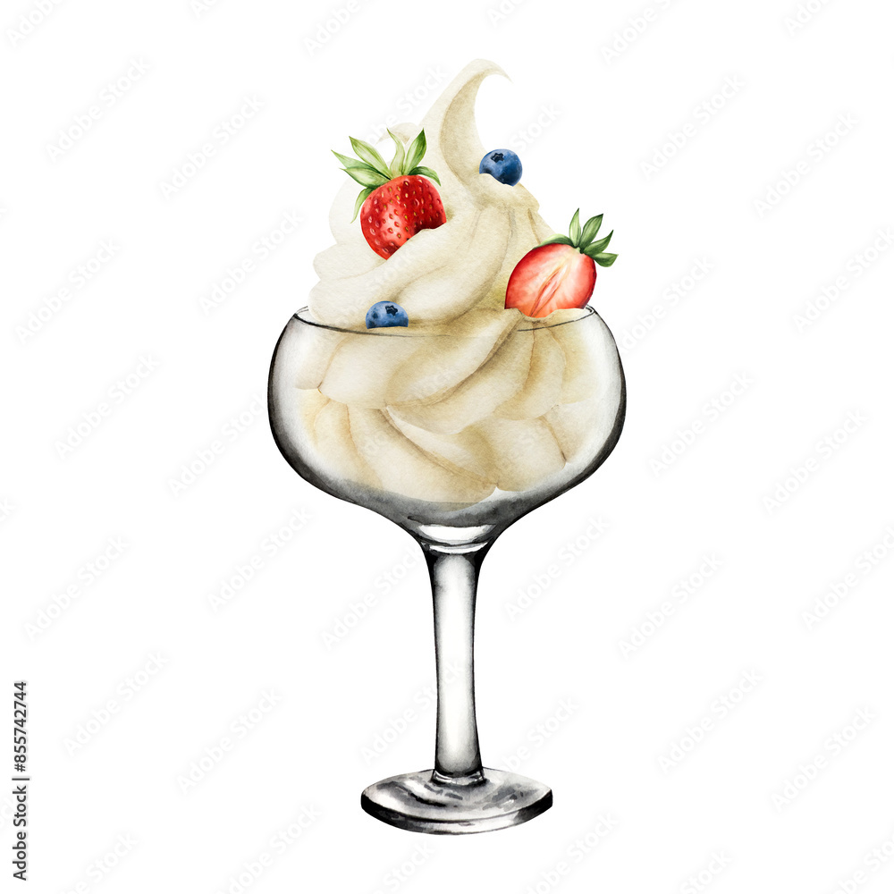 Glass bowl with soft vanilla ice cream with strawberries, blueberries. Hand painting sweet watercolor illustration isolated on background. For designers, menu, shop, decoration, restaurant, for Glass bowl with soft vanilla ice cream with strawberries, blueberries. Hand painting sweet watercolor illustration isolated on background. For designers, menu, shop, decoration, restaurant, for