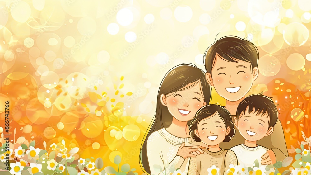 Beautiful, smiling family in a cartoon illustration with a lovely background. Ideal for designs with copy space or empty space, perfect for family-themed projects. Beautiful, smiling family in a cartoon illustration with a lovely background. Ideal for designs with copy space or empty space, perfect for family-themed projects.
