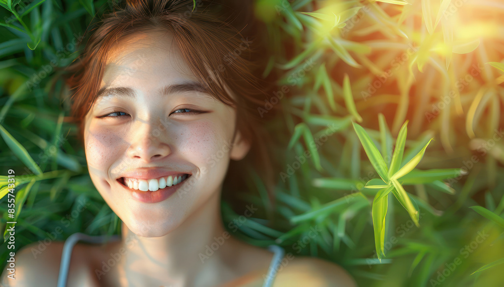 Young Woman Smiling While Lying on Grass with Sunlight Filtering Through Leaves Nature, Happiness, Joy, and Serenity Captured in a Moment of Pure Bliss and Tranquility Young Woman Smiling While Lying on Grass with Sunlight Filtering Through Leaves Nature, Happiness, Joy, and Serenity Captured in a Moment of Pure Bliss and Tranquility