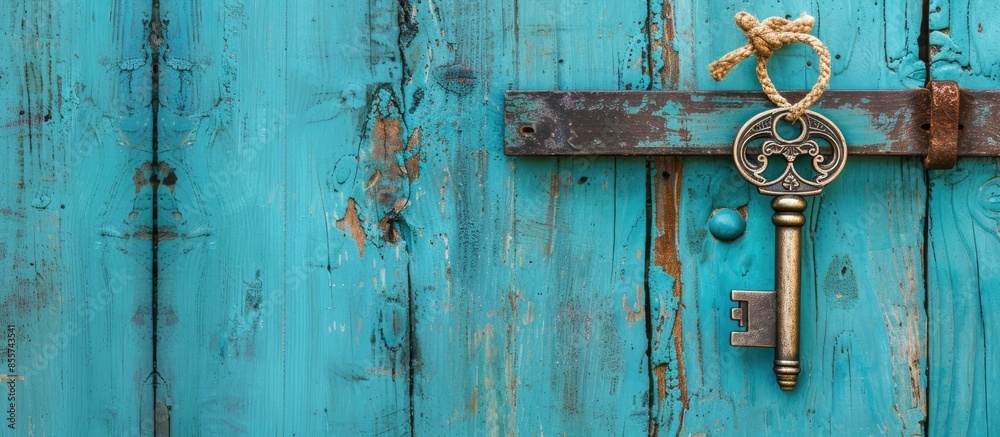 Bronze skeleton house key hanging by rope on blank antique teal blue rustic wood door; real estate background with wooden painted copy space. Copy space image. Place for adding text or design Bronze skeleton house key hanging by rope on blank antique teal blue rustic wood door; real estate background with wooden painted copy space. Copy space image. Place for adding text or design