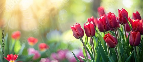 Red tulips in green garden ...