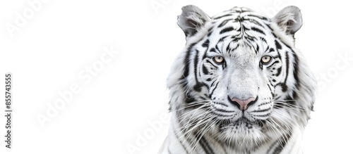 Face of a white bengal tiger, isolated on white background. Mask of the biggest cat. Wild beauty of the most dangerous and mighty beast. Copy space image. Place for adding text or design