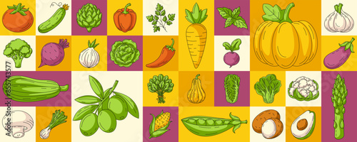 Healthy vegan food. Fresh farm natural vegetables. Vector geometric modern horizontal banner, eco veggies icons. Minimal abstract layout for poster, menu, flyer, cover, farmers market, brochure