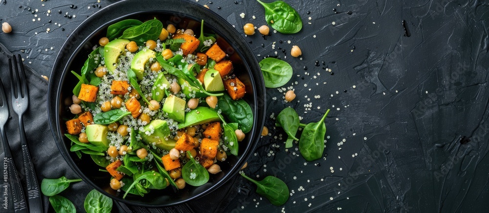 Avocado, quinoa, roasted sweet potato, spinach and chickpeas salad in black bowl. Top view, copy space Avocado, quinoa, roasted sweet potato, spinach and chickpeas salad in black bowl. Top view, copy space