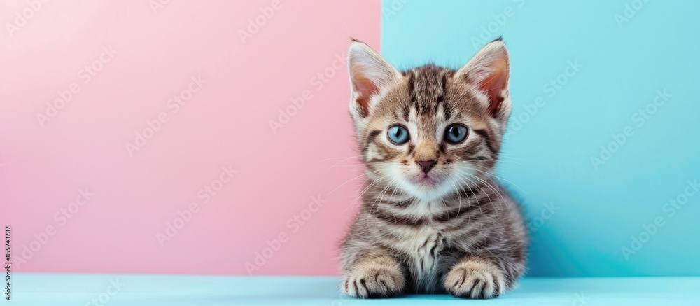Small Siberian kitten on pastel background. Cat lying. with copy space image. Place for adding text or design Small Siberian kitten on pastel background. Cat lying. with copy space image. Place for adding text or design