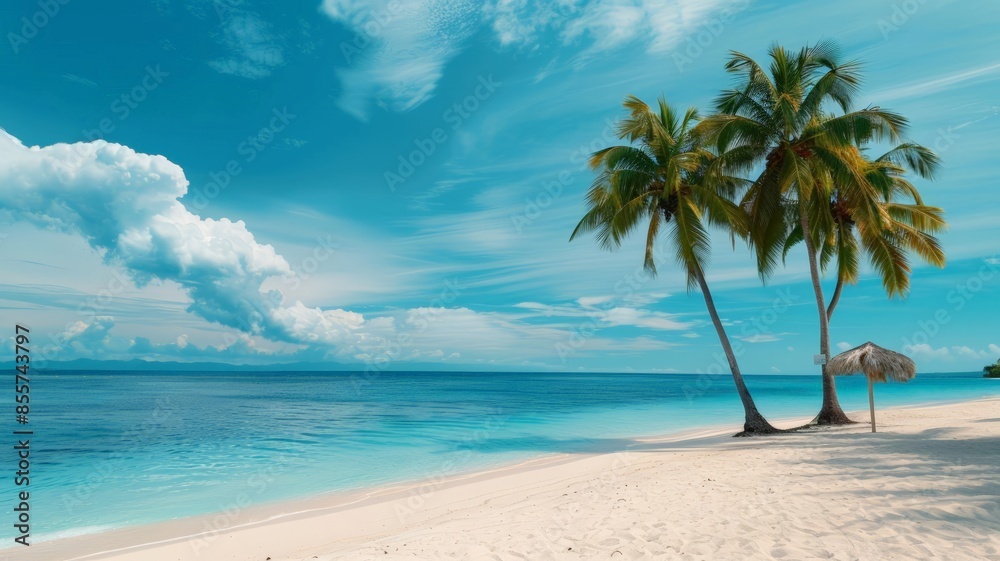 Obraz premium Tropical beach with palm trees and white sand under a blue sky.