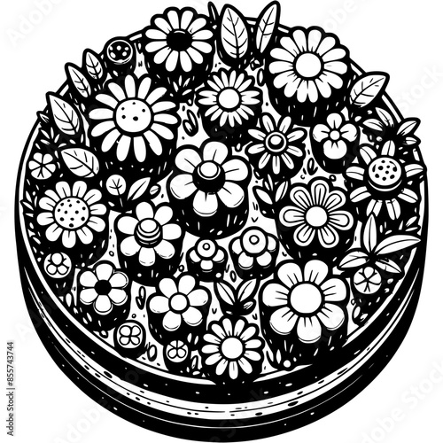 Blooming summer flower bed top view in monochrome. Decorative and landscape design. Simple minimalistic vector in black ink drawing on transparent background