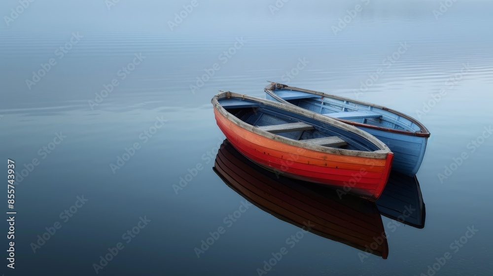 Two wooden rowboats, one red and one blue, float peacefully on a calm, misty lake, creating a serene and tranquil scene. Two wooden rowboats, one red and one blue, float peacefully on a calm, misty lake, creating a serene and tranquil scene.