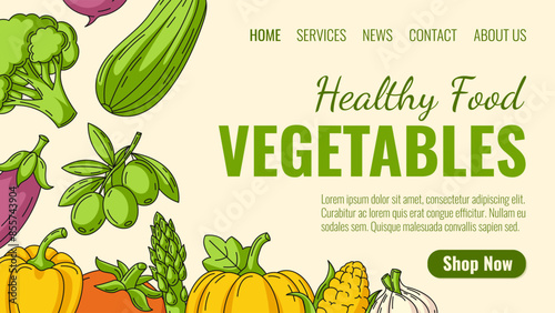 Healthy food, farm organic vegetables. Order natural veggies, eco products, vegan produce home delivery. Landing page vector minimal template for website, web, grocery, online store, farmers market.