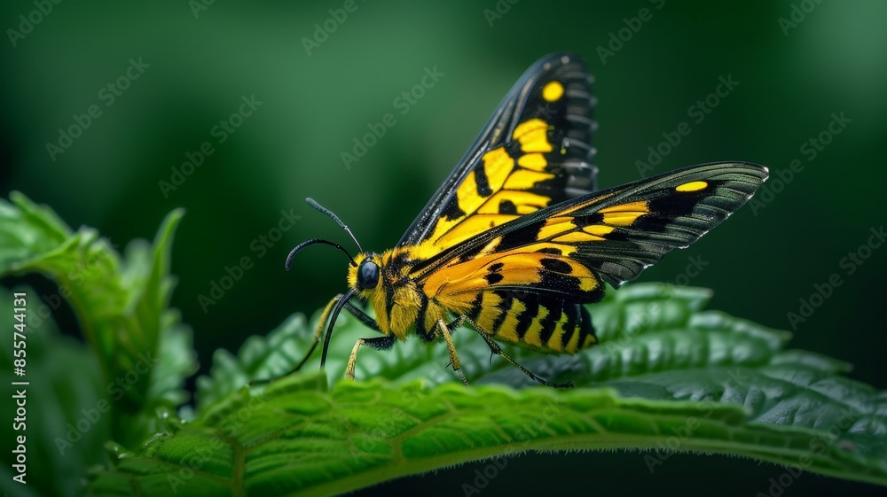 Close-up of a vibrant black and yellow butterfly perched on a lush green leaf, showcasing nature's beauty and grace in a detailed shot. Close-up of a vibrant black and yellow butterfly perched on a lush green leaf, showcasing nature's beauty and grace in a detailed shot.