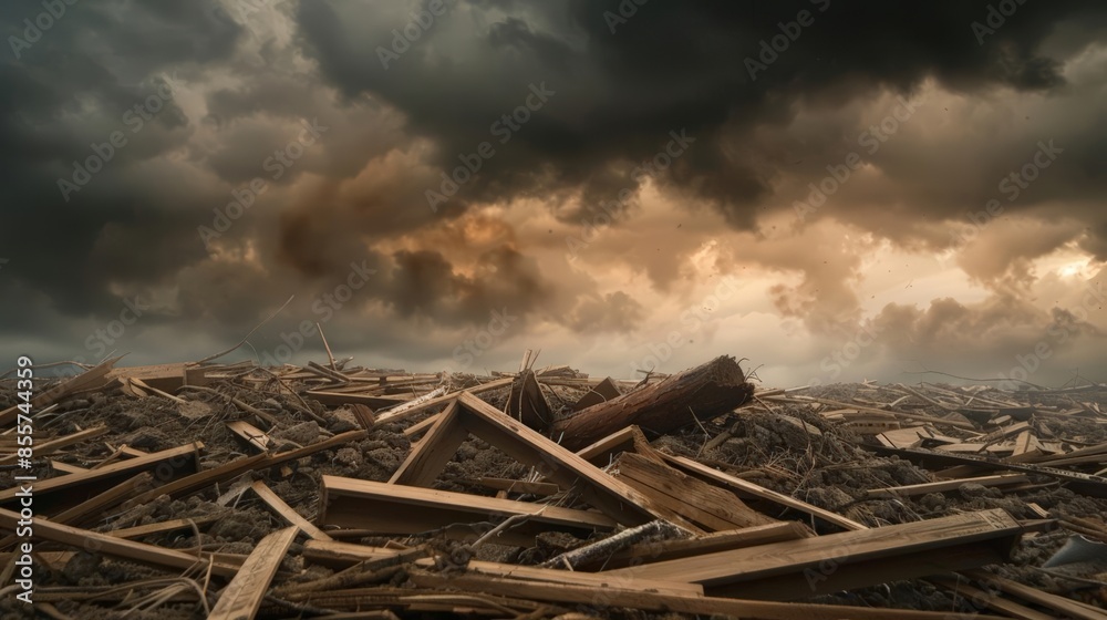 A dramatic landscape of debris and storm clouds. A dramatic landscape of debris and storm clouds.