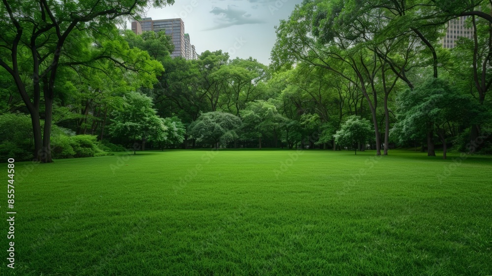 Naklejka premium A lush green park with tall trees and a sprawling lawn.