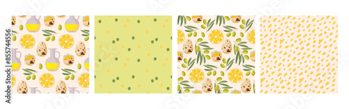 Seamless pattern with Ingredients of olive mayonnaise sauce and abstract dots print. Set of four. Hand drawn doodle vector Food template for menu, wallpaper, wrapping, textile, scrapbooking