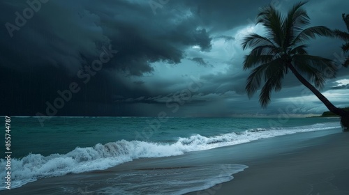 Dramatic storm clouds gather over a tropical beach with a lone palm tree.