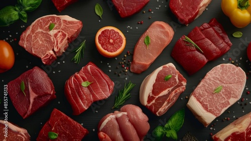 Assortment of fresh raw meat cuts on a black background with herbs and spices.