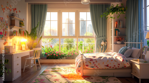 Wallpaper Mural 창밖에 대도시의 풍경이 보이는 단독주택의 어린이 방-Children's room in a detached house with a view of the city outside the window Torontodigital.ca