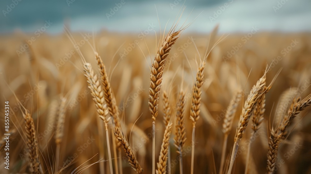 Fototapeta premium Close-up of golden wheat stalks in a field, under a cloudy sky.