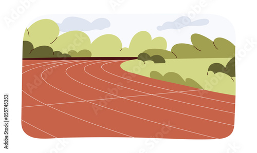 Red running track for athletic and various sports competitions, running line positions from one to six, racing track for runners and athletes, red running track in stadium flat vector illustration.
