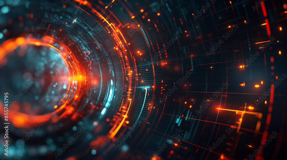 Obraz premium A vibrant digital tunnel illustration featuring red lights and abstract tech patterns