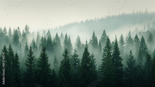 Misty forest with tall evergreen trees in the distance.