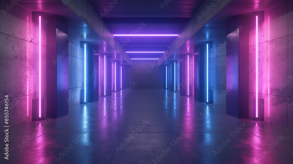 This image showcases a hallway with a ceiling illuminated by a neon blue light, flanked by pink neon lights, portraying a cyber atmosphere
