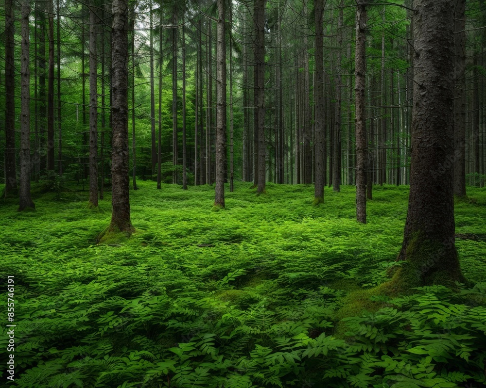A lush green forest with tall trees and abundant ferns covering the ground, creating a serene natural environment. A lush green forest with tall trees and abundant ferns covering the ground, creating a serene natural environment.