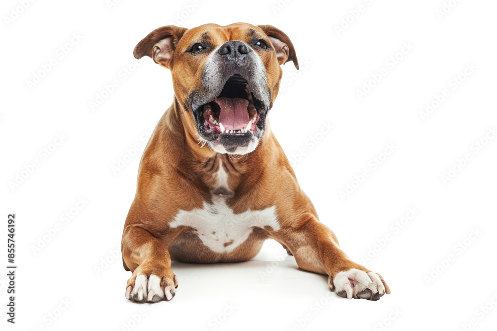 Close-up of an aggressive dog barking with its teeth bared, isolated on white background Close-up of an aggressive dog barking with its teeth bared, isolated on white background