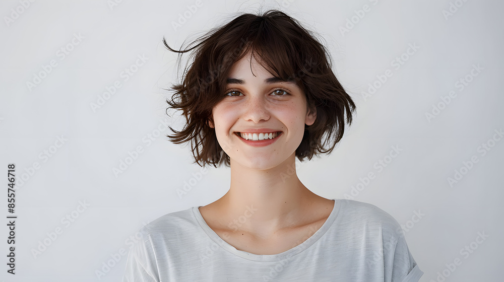 Portrait of beautiful natural girl without makeup, smiling happy at camera, standing in t-shirt against white background Portrait of beautiful natural girl without makeup, smiling happy at camera, standing in t-shirt against white background