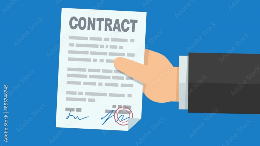 Animation of a hand presenting a signed contract from the right on blue background (flat design) Animation of a hand presenting a signed contract from the right on blue background (flat design)