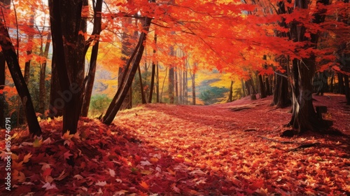 Golden morning in the forest park with red leaves covering the path photo