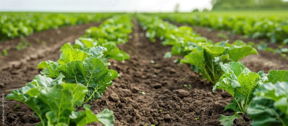 Tidy rows of sugar beets in perspective in fertile soil on an agricultural field. Sugar beet cultivation. Agricultural process. Copy space image. Place for adding text or design