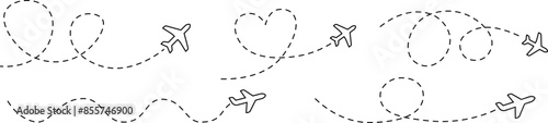 Plane icon set. Flight transport symbol. Airplane icon vector with line trace. Travel flat illustration. Travel symbol. Vector EPS 10