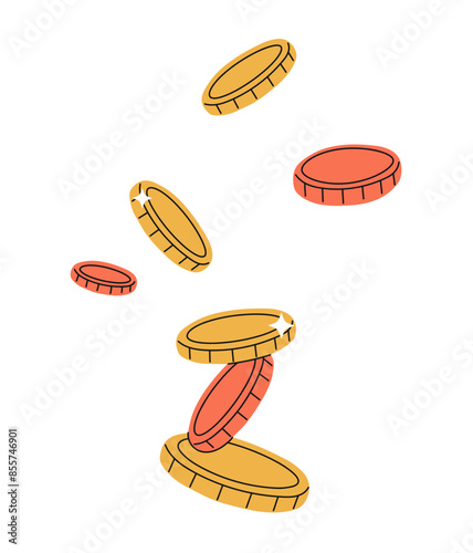 Falling gold coins, cash money heap, commercial banking, gold coins money falling on the ground, dollar sign, american money isolated white background flat vector illustration.
