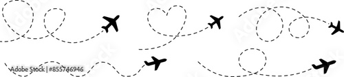 Plane icon set. Flight transport symbol. Airplane icon vector with line trace. Travel flat illustration. Travel symbol. Vector EPS 10