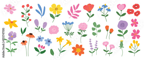 Collection of spring colorful flower elements vector. Set floral of wildflower, leaf branch, foliage on white background. Hand drawn blossom illustration for decor, easter, sticker, clipart, print.