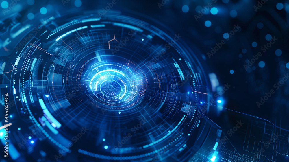 Fototapeta premium This image features an intricate blue technological interface design, with a dynamic circular format and digital elements