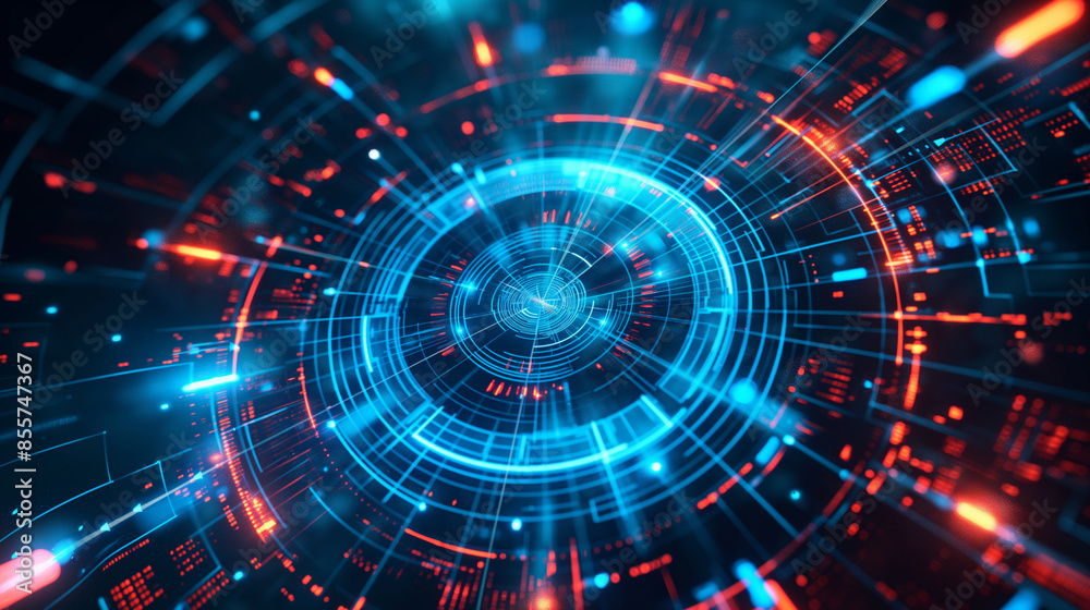 An engaging digital interface with a red and blue color scheme, showcasing information pathways and nodes An engaging digital interface with a red and blue color scheme, showcasing information pathways and nodes