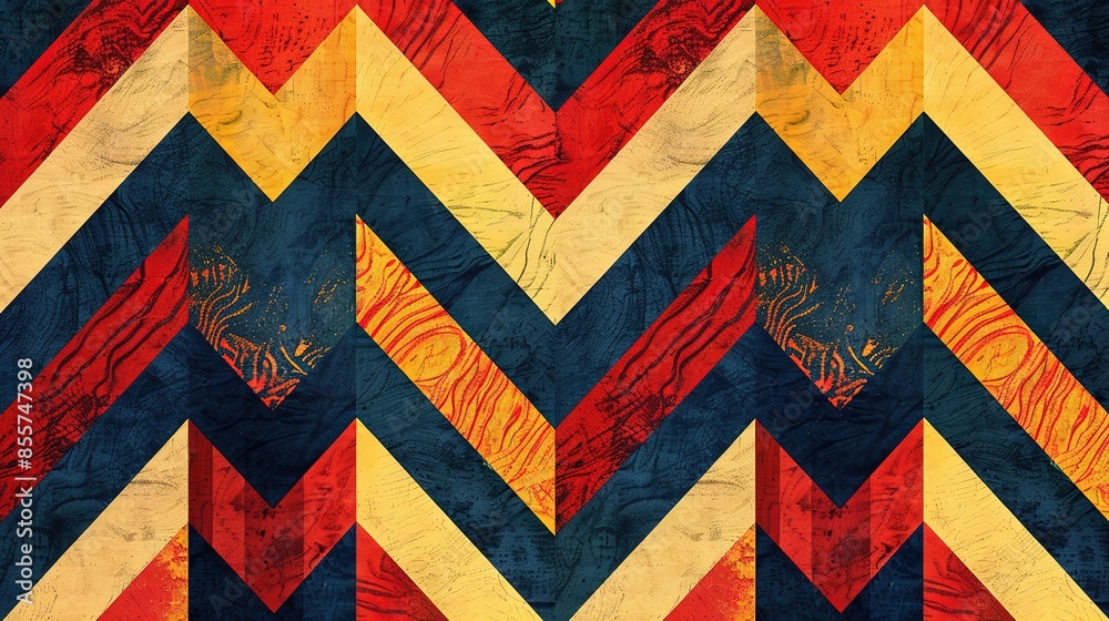 Midcentury Retro Chevron Pattern: Colorful Stripes in Red and Yellow on Navy Midcentury Retro Chevron Pattern: Colorful Stripes in Red and Yellow on Navy