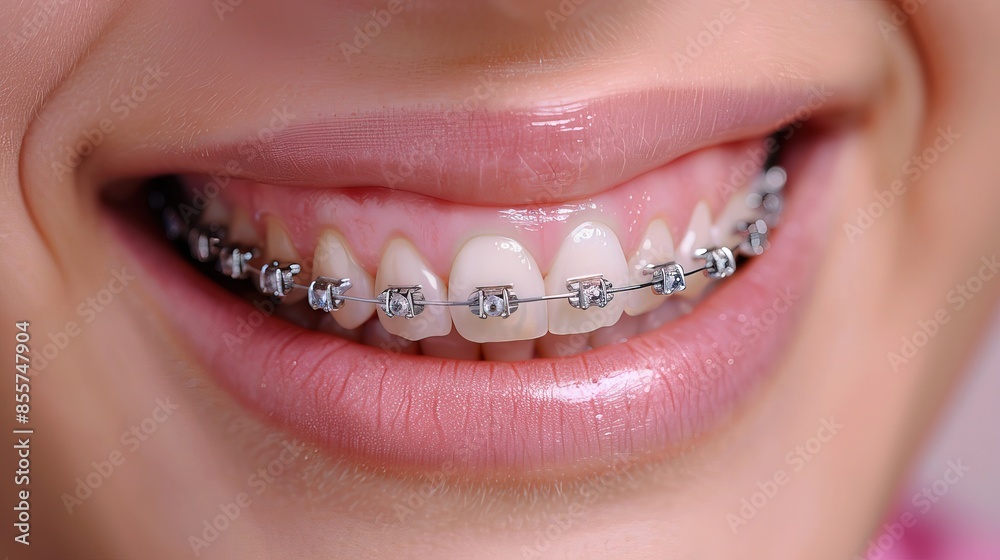 Obraz premium Close-Up of Woman's Smile with Braces: Professional Dental Orthodontic Photo