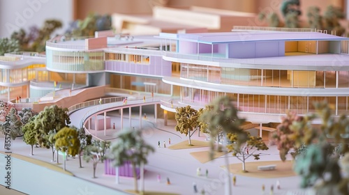 Intricate model of a modern campus with curved buildings and vibrant colors, displayed in a professional studio setting.	 photo