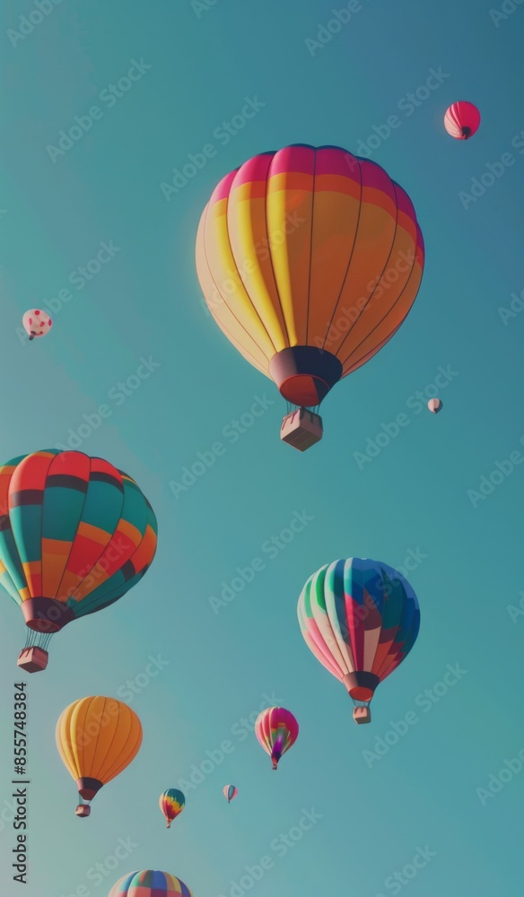 Fototapeta premium Colorful hot air balloons floating against a clear blue sky on a sunny day