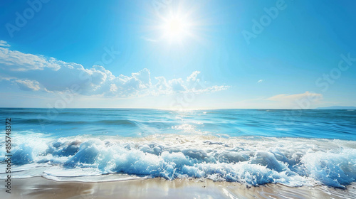 blue sky, bright sun and waves on the ocean, sea wallpaper, travel background
