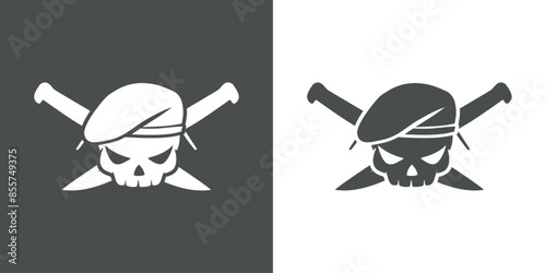 Símbolo de las fuerzas especiales. Logo con calavera con boina militar por encima de cuchillos de combate cruzados