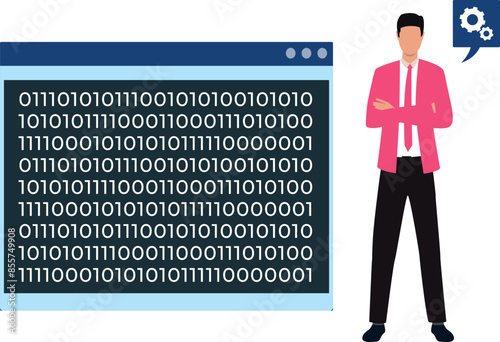 Boy standing with binary coding of web page.