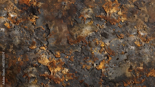 Red and brown rust colors cover worn metal sheet surface photo